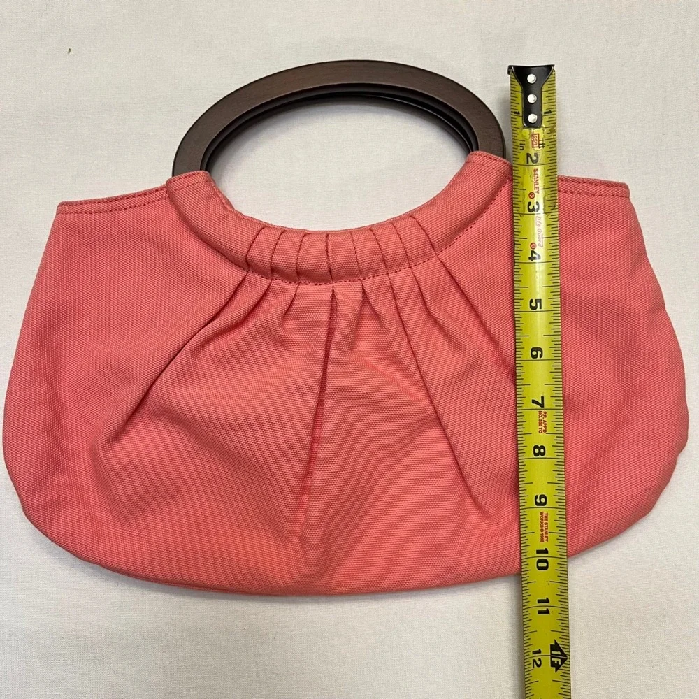 Ann Taylor Loft Coral Canvas Pleated Wood Handle Satchel Handbag Summer Purse